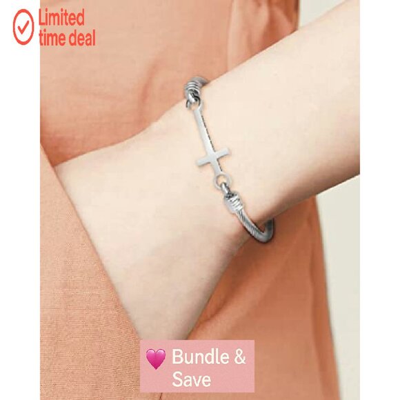 Stainless Steel Cross Bangle Bracelet with Inspirational Message - Picture 3 of 4